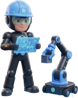 Engineer hero with a layout blueprint beside his robot-arm buddy